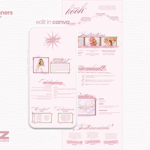 Puede incluir: Una plantilla de diseño digital rosa y blanco para redes sociales, con una maqueta de teléfono con texto y gráficos. El diseño incluye una foto de una mujer, instrucciones e información de contacto. También son visibles las palabras "edit in canva".