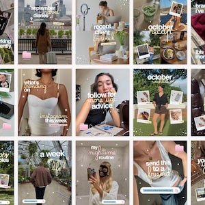 May include: A grid of fifteen social media post images featuring lifestyle content, including travel photos, fashion outfits, skincare routines, and photography tips, all overlaid with white text and small pink folder icons.