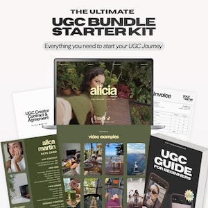 May include: The Ultimate UGC Bundle Starter Kit includes a laptop displaying a portfolio website, a UGC Creator Contract & Agreement document, a blank invoice template, a rate card, and a UGC Guide for Beginners book with a Small Biz Studios logo.