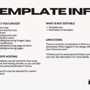 May include: A white informational graphic with black text titled TEMPLATE INFO. It lists editable features like text color, font, and background, non-editable aspects like size, and notes on website hosting and usage limitations by Small Biz Studios.