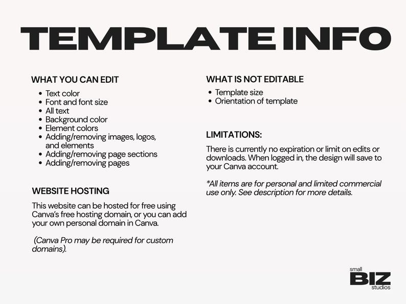 May include: A white informational graphic with black text titled TEMPLATE INFO. It lists editable features like text color, font, and background, non-editable aspects like size, and notes on website hosting and usage limitations by Small Biz Studios.