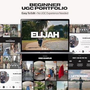 Może przedstawiać: Cyfrowy szablon portfolio dla twórcy UGC wyświetlany na ekranie laptopa. Układ zawiera sekcje zatytułowane BEGINNER UGC PORTFOLIO, PHOTO EXAMPLES, VIDEO EXAMPLES oraz WHAT I CAN DO FOR YOU, z miejscami na zdjęcia i tekst wewnątrz projektu.