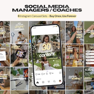 May include: A digital product display featuring 8 Instagram carousel sets for social media managers and coaches. A central smartphone screen shows a post titled 30 days of content, surrounded by various social media templates with text overlays.