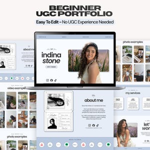 Può includere: Un modello digitale per un portfolio UGC per principianti visualizzato su uno schermo di un portatile, con sezioni per chi sono, esempi di foto, esempi di video e servizi. Il layout include segnaposto per testo, icone social e immagini.