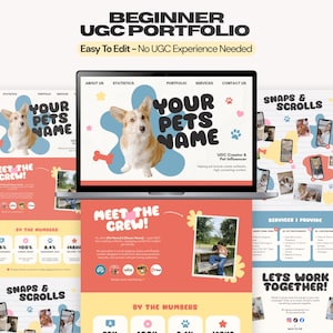 Peut inclure: Un modèle numérique pour un portfolio UGC débutant affiché sur un écran d'ordinateur portable et deux panneaux latéraux. Le design présente une mise en page colorée avec du texte incluant BEGINNER UGC PORTFOLIO, YOUR PETS NAME, MEET THE CREW et SNAPS & SCROLLS.