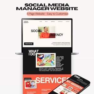May include: A digital mockup of a five-page social media manager website displayed on a laptop and a smartphone. The design features a clean layout with black, white, and coral sections, including text headers like Social Agency, What I Do, and My Mission.