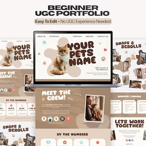 Op de afbeelding: Een digitaal portfolio-sjabloon voor een huisdier-influencer, weergegeven op een laptopscherm en geprinte pagina's. Het ontwerp bevat bruine en beige kleurenschema's, een kattenillustratie en tekst waaronder "BEGINNER UGC PORTFOLIO" en "YOUR PETS NAME".