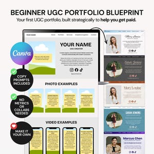 May include: A digital template titled BEGINNER UGC PORTFOLIO BLUEPRINT featuring a website layout with sections for photo and video examples, social media icons, and text placeholders. Includes a Canva logo and a vertical stack of portfolio samples.