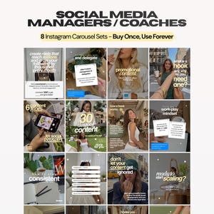 Könnte beinhalten: Eine digitale Marketing-Ressource mit dem Titel Social Media Managers/Coaches, die 8 Instagram-Karussell-Sets enthält. Die Grafik zeigt verschiedene Vorlagen mit Textüberlagerungen, Lifestyle-Fotografie und Anleitungen für das Social-Media-Wachstum.