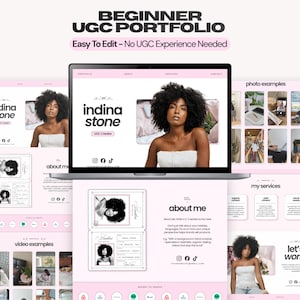 Peut inclure: Un modèle de portfolio numérique pour créateurs UGC affiché sur un écran d'ordinateur portable et des pages environnantes. Le design présente une palette de couleurs rose clair avec du texte noir, incluant le nom Indina Stone et des exemples.
