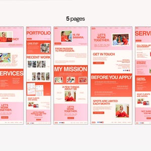 May include: A five-page website design layout with a pink and orange color scheme. The pages include sections for social media agency services, portfolio, and contact information. Text includes "Let's Work Together."