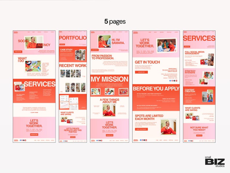 May include: A five-page website design layout with a pink and orange color scheme. The pages include sections for social media agency services, portfolio, and contact information. Text includes "Let's Work Together."