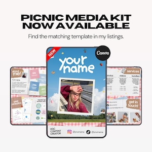 May include: A digital media kit template for Canva featuring a picnic theme with pink gingham accents. The layout includes sections for an about me, services, and past analytics, with a central placeholder for a photo and social media handles.