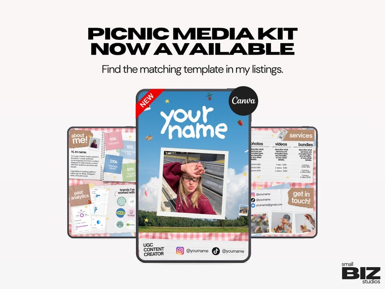 May include: A digital media kit template for Canva featuring a picnic theme with pink gingham accents. The layout includes sections for an about me, services, and past analytics, with a central placeholder for a photo and social media handles.