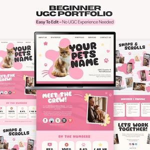 Op de afbeelding: Een digitaal sjabloon voor een UGC-portfolio voor beginners op een laptopscherm, met een roze en wit kleurenschema, een kattenafbeelding en tekst waaronder "BEGINNER UGC PORTFOLIO," "YOUR PETS NAME," "MEET THE CREW," "SNAPS & SCROLLS," en "LETS WORK TOGETHER."