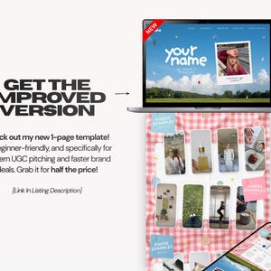 May include: A digital template display featuring a laptop screen showing a website with the text 'your name' and a polaroid photo, positioned above a pink gingham background containing multiple vertical image frames and a smartphone at the bottom.
