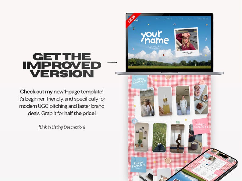 May include: A digital template display featuring a laptop screen showing a website with the text 'your name' and a polaroid photo, positioned above a pink gingham background containing multiple vertical image frames and a smartphone at the bottom.