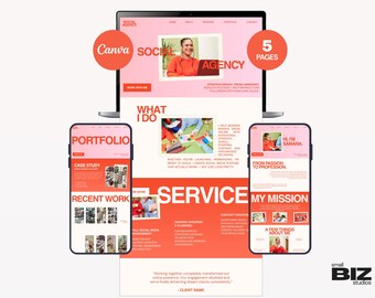 Social Media Manager Website Template | MULTI-PAGE | Canva Portfolio for Freelance Digital Marketing Services | Professional Bold Pink & Red