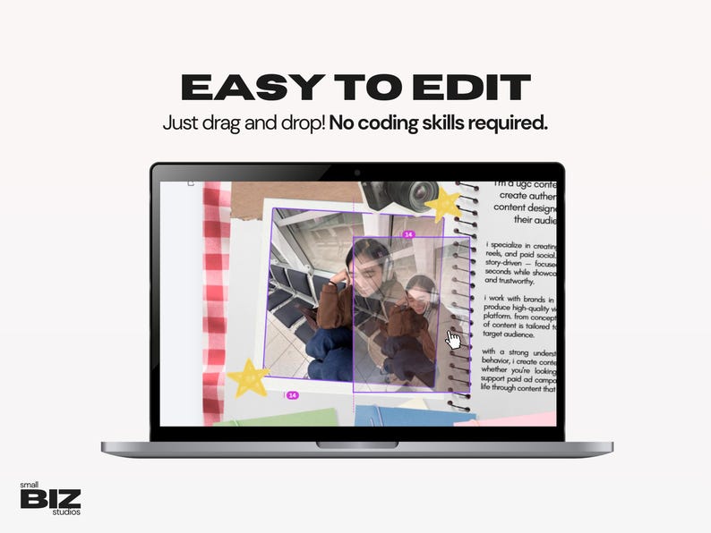 May include: A laptop screen displaying a digital design interface with the text EASY TO EDIT and Just drag and drop! No coding skills required. The screen shows a scrapbook-style layout with photos, yellow star graphics, and text blocks.