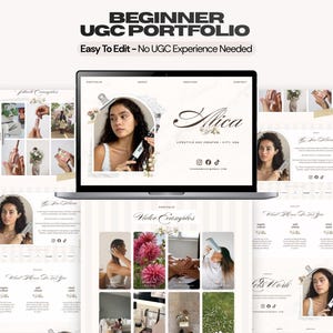 Può includere: Un modello digitale per un portfolio UGC per principianti visualizzato su uno schermo di un computer portatile e pagine circostanti. Il design presenta una tavolozza di colori beige chiaro, una tipografia elegante e segnaposti per foto.