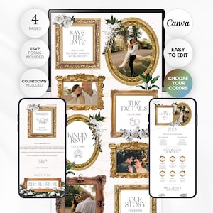 May include: A digital wedding invitation template set featuring ornate gold frames, floral accents, and placeholder photos. The design includes text such as Save The Date, The Details, Kindly RSVP, and Our Story, displayed on a computer screen and two smartphones.
