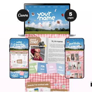 Plantilla de portafolio y kit de medios UGC / Creador de contenido Canva Sitio web de varias páginas / Estilo picnic de álbum de recortes rosa