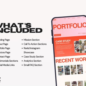 May include: A smartphone displays a website portfolio with a red and white color scheme. The screen shows a case study and recent work examples. Text on the left side reads "WHAT'S INCLUDED" with a list of website features. The logo for "small BIZ studios" is at the bottom.