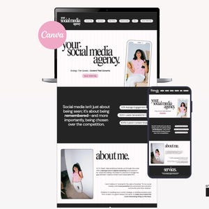 Plantilla de sitio web para administrador de redes sociales / Portafolio de Canva para servicios de marketing digital freelance / Estilo blanco y negro + rosa