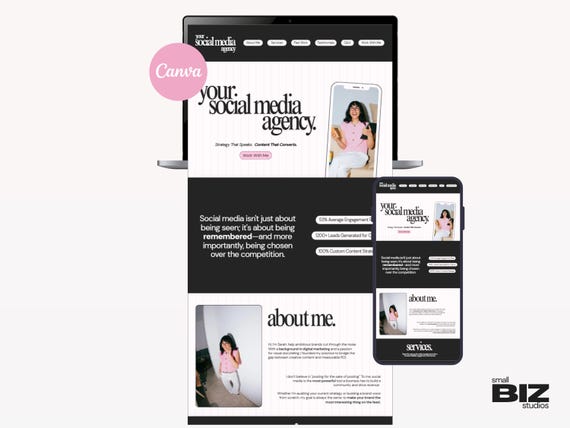 Social Media Manager Website Template | Canva Portfolio for Freelance Digital Marketing Services | B&W + Pink Style