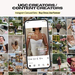 May include: A digital display of Instagram carousel templates for UGC creators, featuring a central smartphone screen showing a white corset top and the text what's trending on instagram this week, surrounded by a grid of social media post examples.