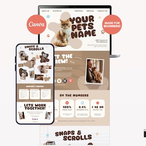 Modelo de site Canva para portfólio de conteúdo gerado pelo usuário (UGC) de animais de estimação para iniciantes | Site para criadores de conteúdo de gatos/influenciadores de animais de estimação | Modelo com rolagem | Estilo bege