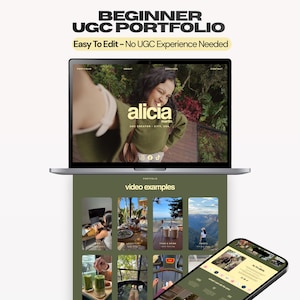 Könnte beinhalten: Eine digitale Vorlage für ein UGC-Portfolio für Anfänger, die auf einem Laptop- und Smartphone-Bildschirm angezeigt wird. Das Design zeigt ein olivgrünes Farbschema mit dem Text BEGINNER UGC PORTFOLIO und Easy To Edit - No UGC Experience Needed.