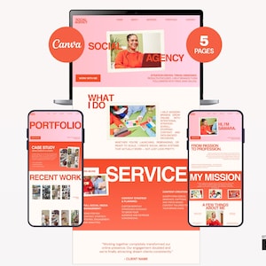 May include: A website design displayed on a desktop computer and two smartphones. The website has a pink and white color scheme with the text "SOCIAL AGENCY" and "5 PAGES". The smartphones display the "PORTFOLIO" and "MY MISSION" pages.