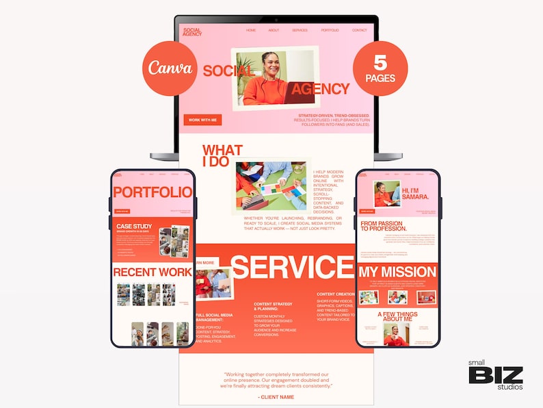 May include: A website design displayed on a desktop computer and two smartphones. The website has a pink and white color scheme with the text "SOCIAL AGENCY" and "5 PAGES". The smartphones display the "PORTFOLIO" and "MY MISSION" pages.