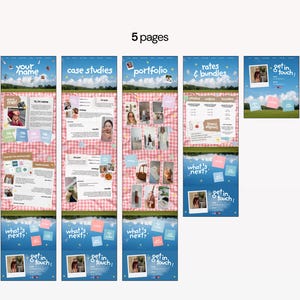 May include: A digital website template set consisting of 5 pages featuring a pink gingham background, blue sky imagery, and handwritten-style text including headings like Your Name, Case Studies, Portfolio, Rates & Bundles, and Get In Touch.