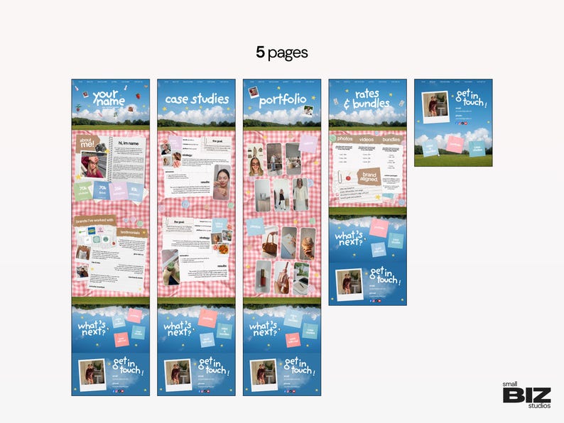 May include: A digital website template set consisting of 5 pages featuring a pink gingham background, blue sky imagery, and handwritten-style text including headings like Your Name, Case Studies, Portfolio, Rates & Bundles, and Get In Touch.