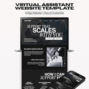 Pode incluir: Um modelo de site digital para um assistente virtual exibido em uma tela de laptop e smartphone. O design apresenta um esquema de cores em preto e branco com o texto VIRTUAL ASSISTANT WEBSITE TEMPLATE, 5 Page Website - Easy to Customise.