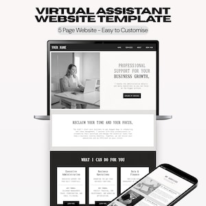 Flersidig virtuell assistentwebbmall – Redaktionell minimalistisk svartvit design – Canva-webbmall