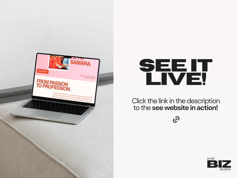 May include: A silver laptop displaying a website with the text "SAMARA" and "FROM PASSION TO PROFESSION." The image also includes the text "SEE IT LIVE!" and "Click the link in the description to the see website in action!"