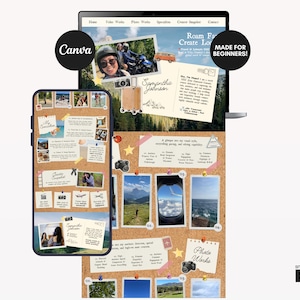 Puede incluir: Una plantilla de sitio web digital mostrada en una pantalla de portátil y teléfono inteligente con una estética de tablero de corcho, que incluye fotos de viajes fijadas, texto estilo manuscrito y elementos gráficos.