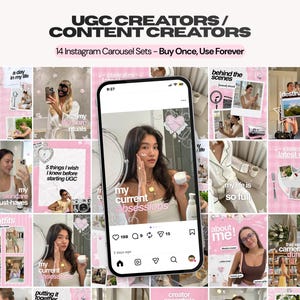 Könnte beinhalten: Eine digitale Sammlung von 14 Instagram-Karussell-Vorlagen für UGC-Ersteller, mit rosa gestalteten Layouts und Texten wie UGC CREATORS, CONTENT CREATORS und 14 Instagram Carousel Sets - Buy Once, Use Forever.