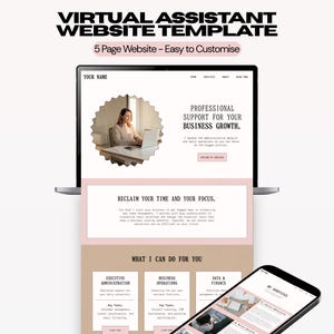 Pode incluir: Um modelo de site digital para um assistente virtual exibido em uma tela de laptop e smartphone. O design apresenta uma paleta de cores suaves com texto incluindo VIRTUAL ASSISTANT WEBSITE TEMPLATE e 5 Page Website.