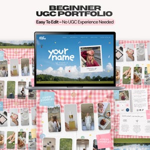 Puede incluir: Una plantilla digital para un portafolio UGC de principiante mostrada en una pantalla de computadora portátil. El diseño presenta un fondo azul con una foto estilo polaroid, el texto "YOUR NAME" y varias secciones para ejemplos de videos y fotos sobre un fondo de cuadros rosa.
