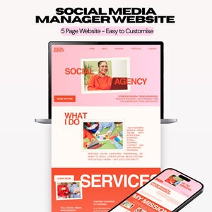 May include: A laptop and smartphone displaying a 5-page social media manager website template. The design features a pink and orange color scheme with bold red text, including headings like SOCIAL AGENCY, WHAT I DO, and SERVICES, plus imagery.