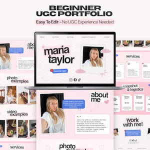 May include: A digital template for a beginner UGC portfolio displayed on a laptop screen. The layout features a light pink color scheme with sections for about me, photo examples, video examples, services, and contact information with text.