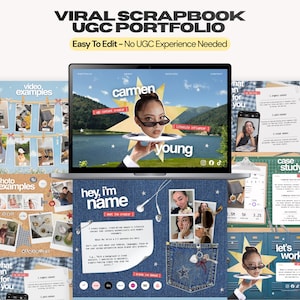 Peut inclure: Un modèle de portfolio de scrapbooking numérique affiché sur un écran d'ordinateur portable, présentant un collage de photos, de textes et d'éléments graphiques. Le design inclut un fond texturé en jean, des cadres style polaroïd et des sections.