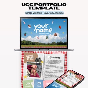 May include: A digital UGC portfolio template displayed on a laptop screen and a smartphone, featuring a blue sky background with floating icons, a notebook page with an about me section, and text including UGC PORTFOLIO TEMPLATE and your name.