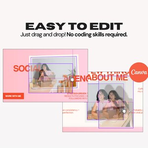 May include: A graphic design featuring the text "EASY TO EDIT" and "Just drag and drop! No coding skills required." The image includes pink and white design templates with the Canva logo and the text "SOCIAL" and "ABOUT ME".