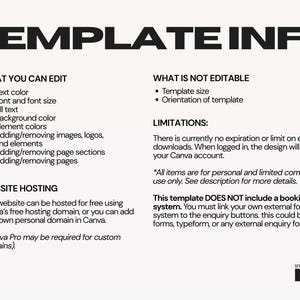May include: Black and white graphic with the text "TEMPLATE INFO" at the top. The image lists what can and cannot be edited in a template, along with limitations and website hosting information. The Small Biz Studios logo is at the bottom.