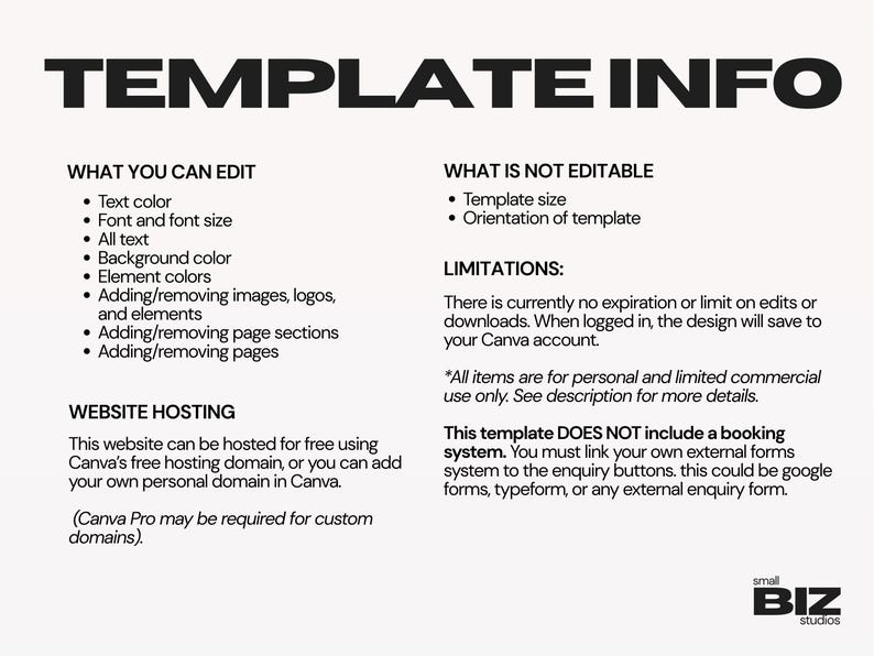 May include: Black and white graphic with the text "TEMPLATE INFO" at the top. The image lists what can and cannot be edited in a template, along with limitations and website hosting information. The Small Biz Studios logo is at the bottom.